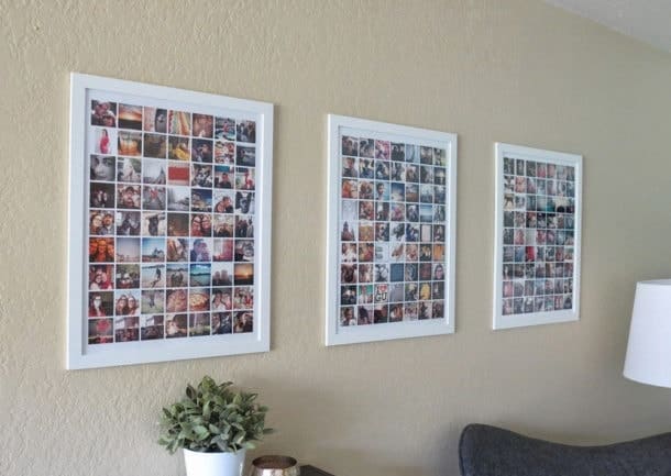 Kis fényképekből álló kompozíciók a falon